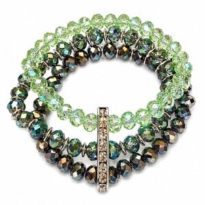 Green Iridescent Glass Beaded Triple Strand Stretch Bracelet Rhinestone Bar Bar